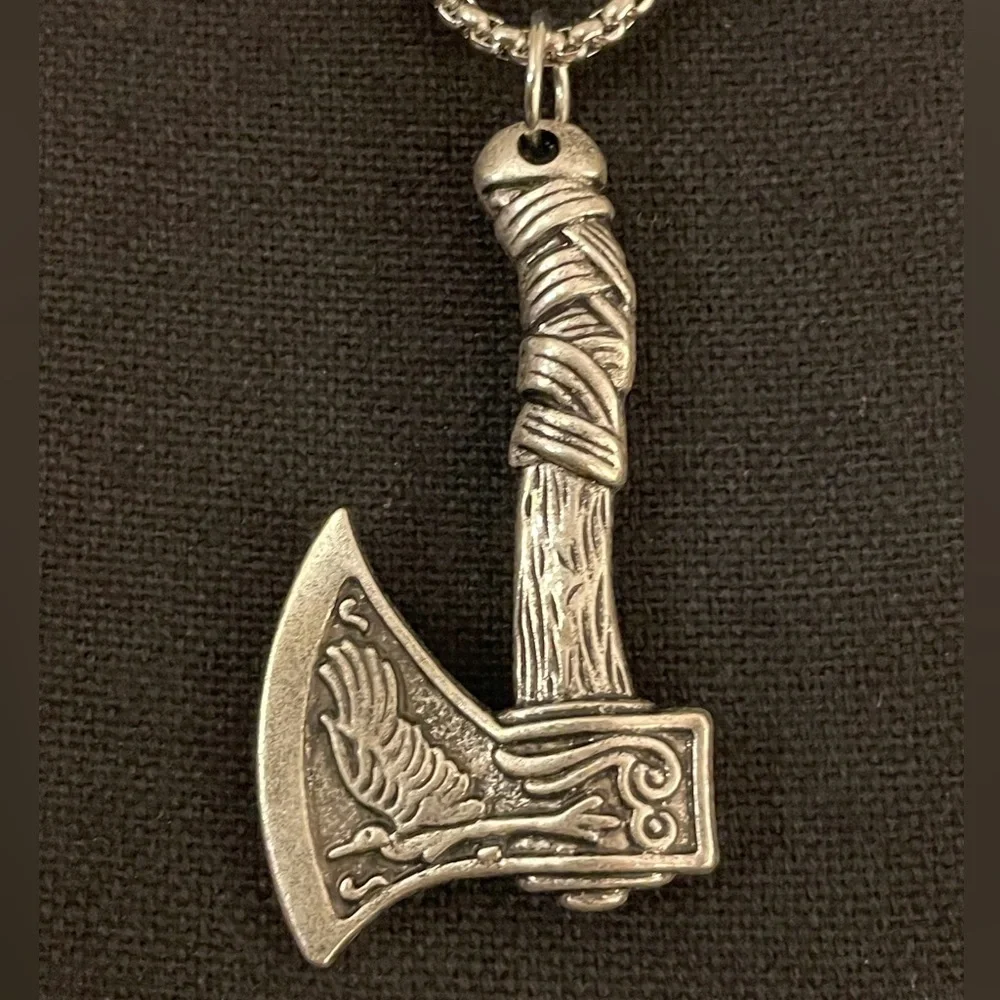 Nordic Viking Axe Necklace with Wolf & Bird
